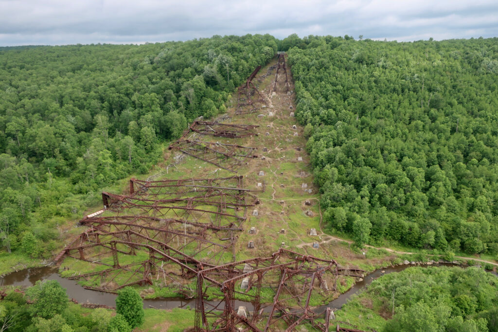 Kinzua Bridge collapsed middle section on floor of gorge 