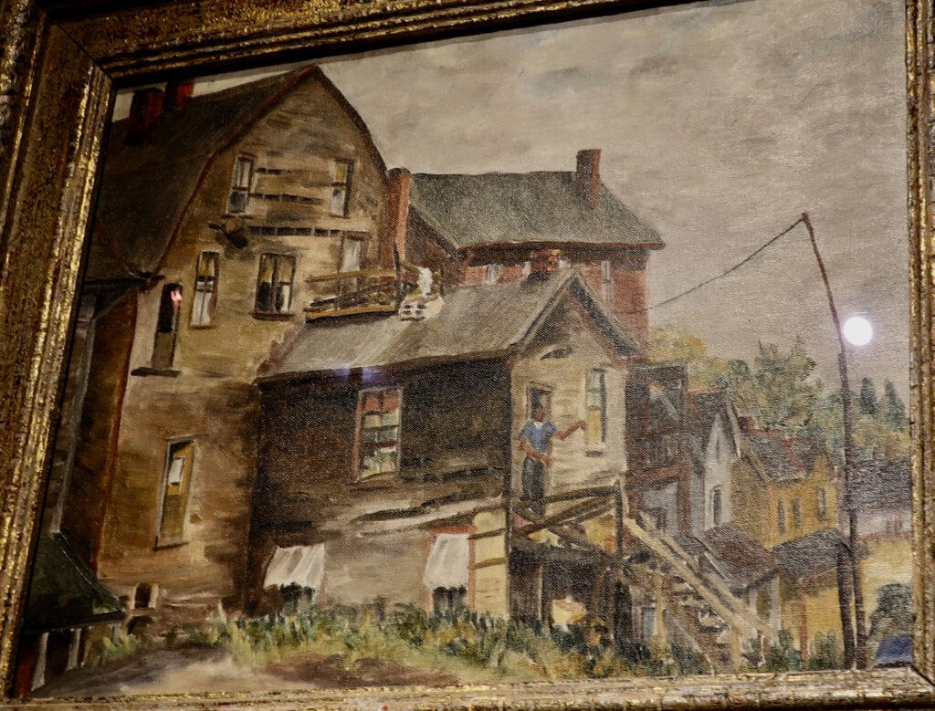 Painting of immigrant Warner Family home in Youngstown OH - at Historic Warner Cascade Theatre Museum, New Castle