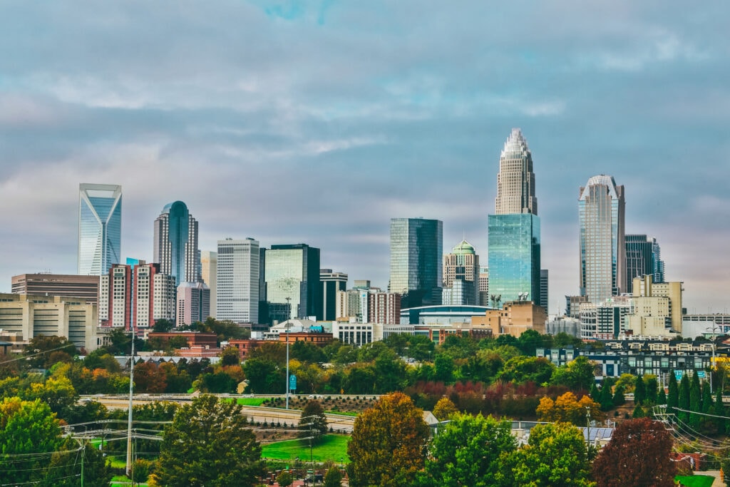 Enjoying the view of the Charlotte skyline from Uptown Charlotte is one of the things to do in Charlotte NC