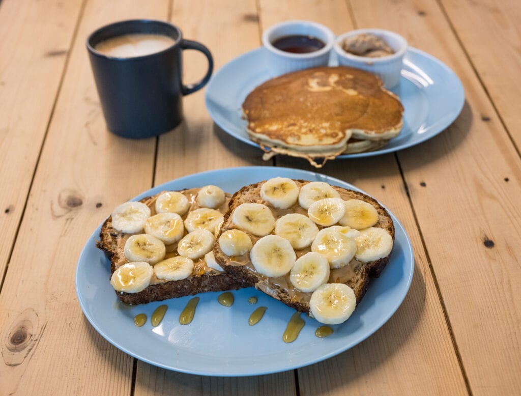 Peanut Butter & Banana Toast and Apple-Filled Pancakes at Willa's Bakery Cafe