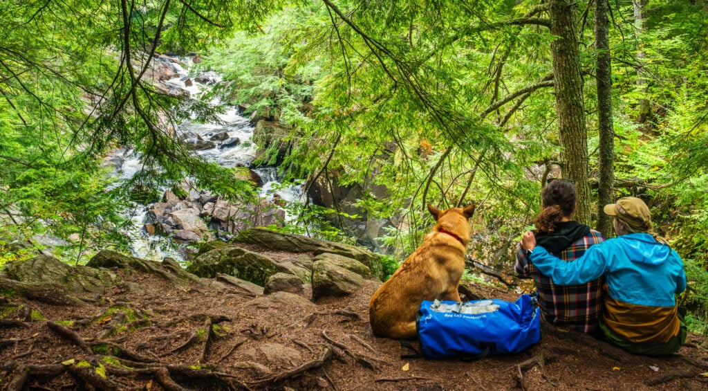 Couple and their dog enjoy the waterfall overlook view at Auger Falls
