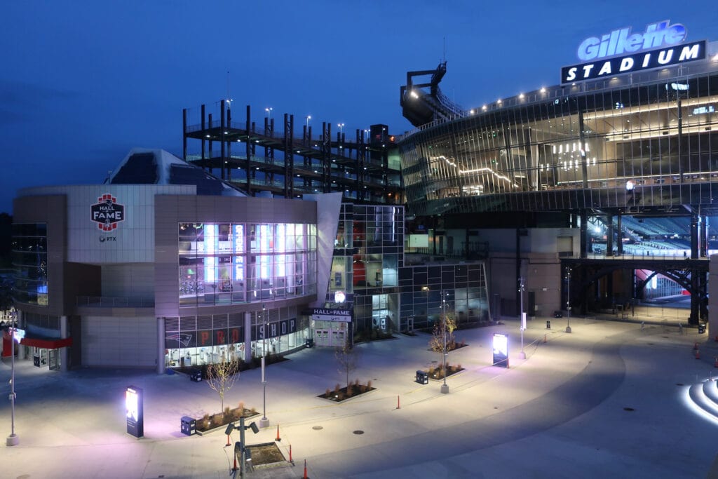 Patriots Hall of Fame Museum at Gillette Stadium at night