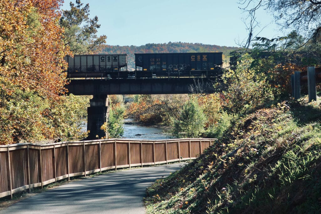 Train over bridge on South River Greenway path Waynesboro VA