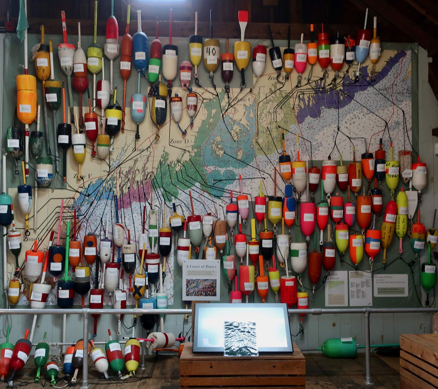Wall of lobster pot buoys at Maine Maritime Museum in Bath ME