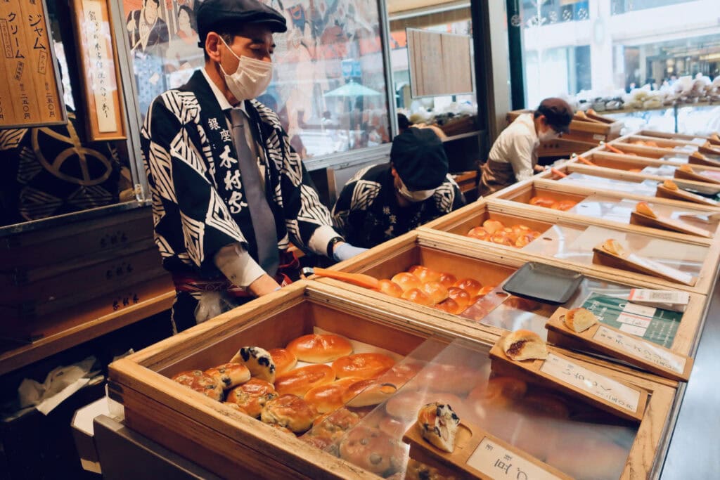 Ginza Kimuraya Bakery with fresh hot buns in Tokyo Japan