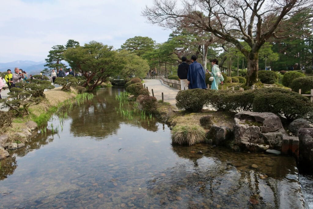 Kenrokuen Garden pond with reflections Kanazawa Japan