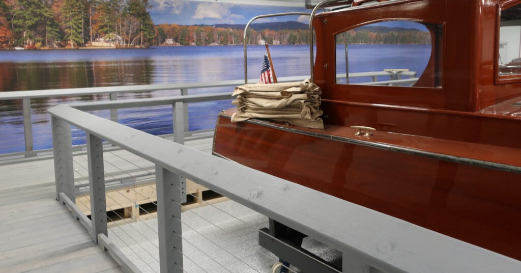 NH Boat Museum "dock" and wooden boat exhibit, Moultonborough NH