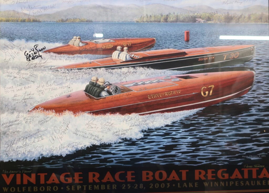 NH Boat Museum poster of wood racing boats on Lake Winnipesaukee NH