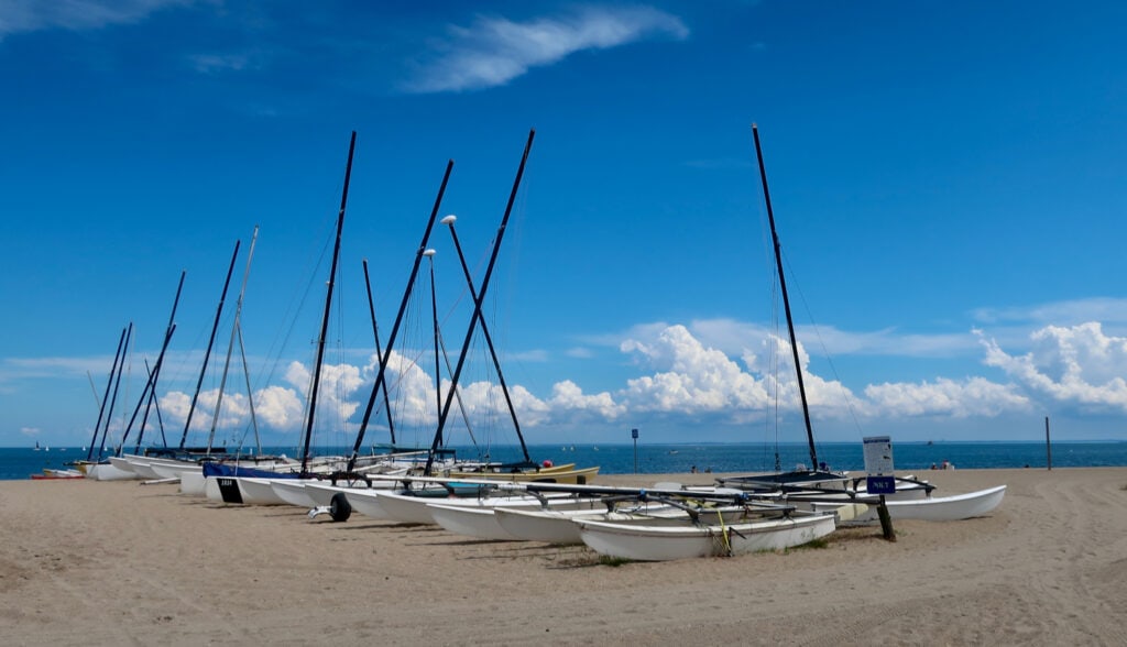 Jennings Beach with beached small sailboats Fairfield CT