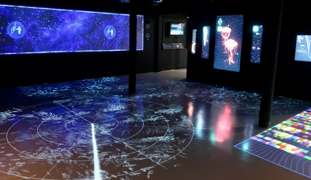 Scientific projections in dark room at Woods Hole Oceanographic Discovery Center MA