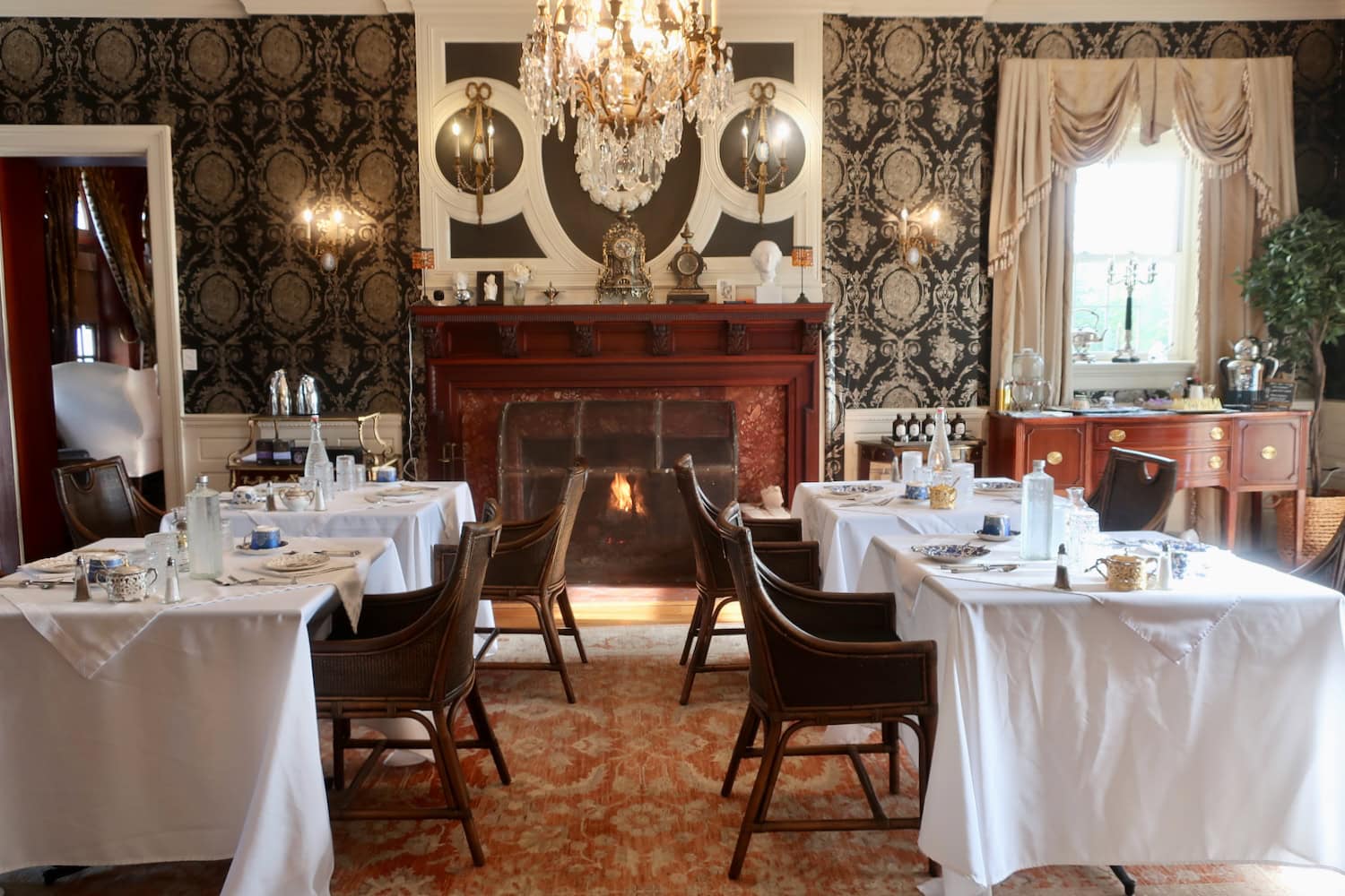Formal breakfast room with fireplace at Inn at Tacaro Estate, MD