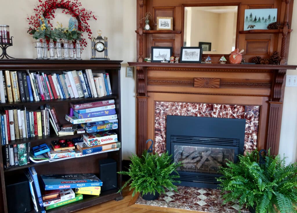 Game shelf at Brewster House B&B Freeport Maine