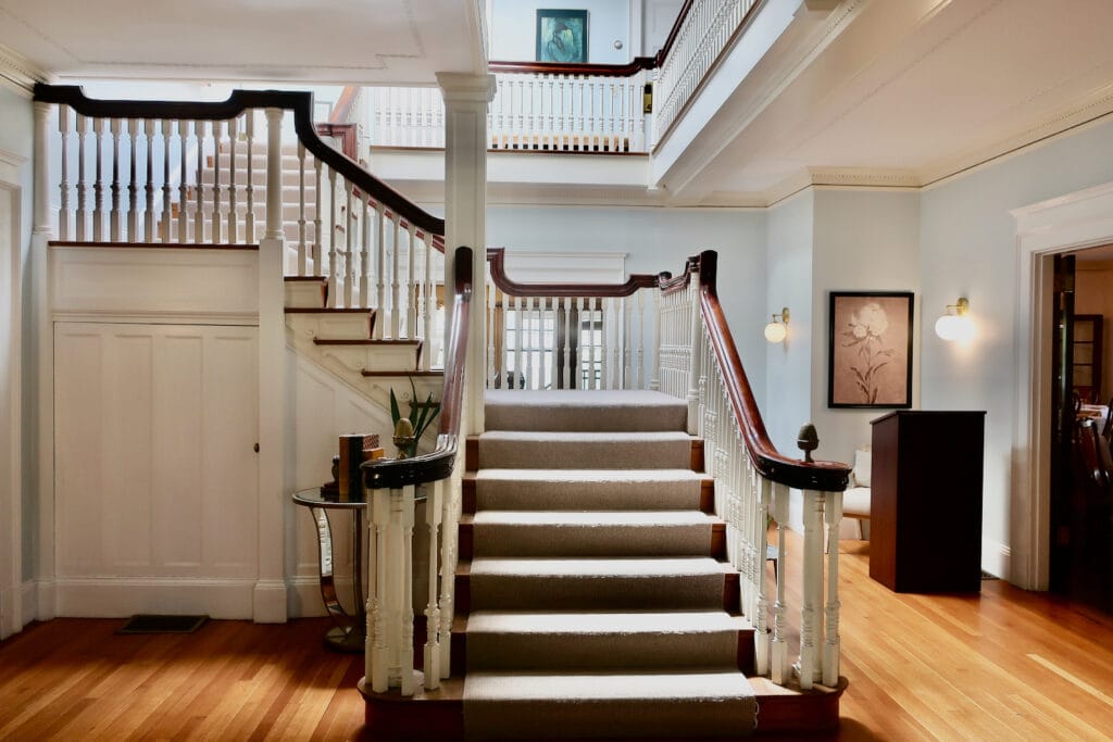 Double staircase at entrance to Gateways Inn Lenox MA