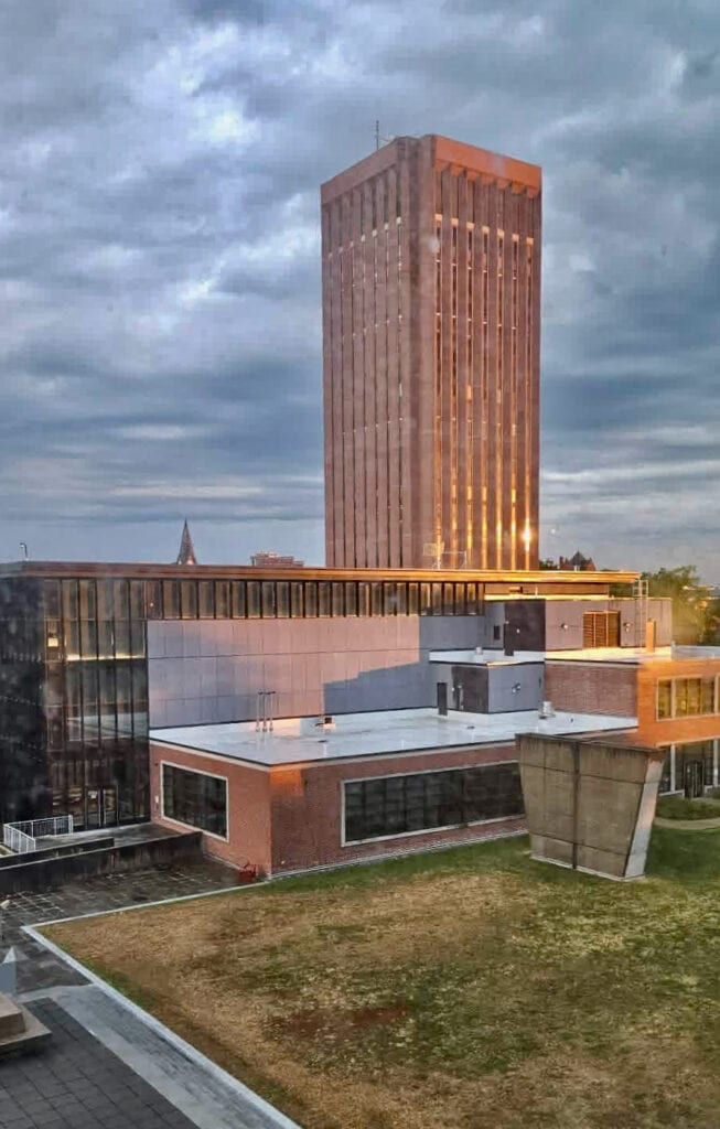 W. E. B. Du Bois Library at UMass Amherst view from Hotel UMass